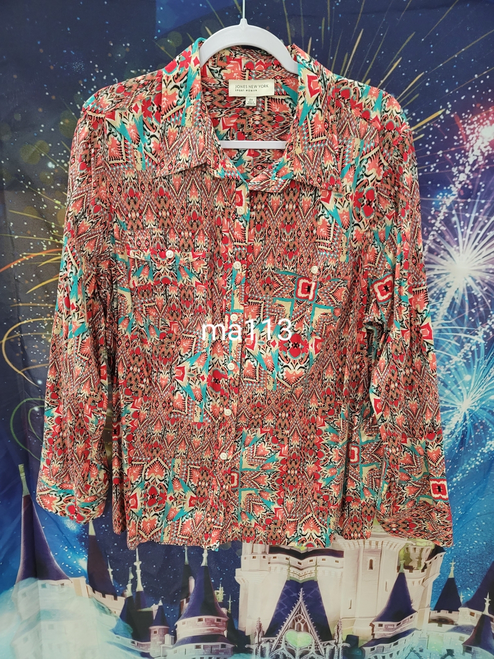 Jones New York Multicolor Geometric Button-Up Blouse in Coral & Teal